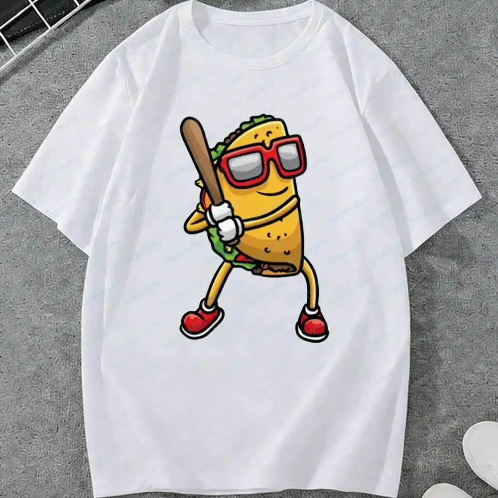 

Cinco De Mayo Baseball Taco T-Shirt Cartoon Taco with Baseball Bat Fiesta Graphic Tee Unisex Cotton Short Sleeve Casual Tops Tee