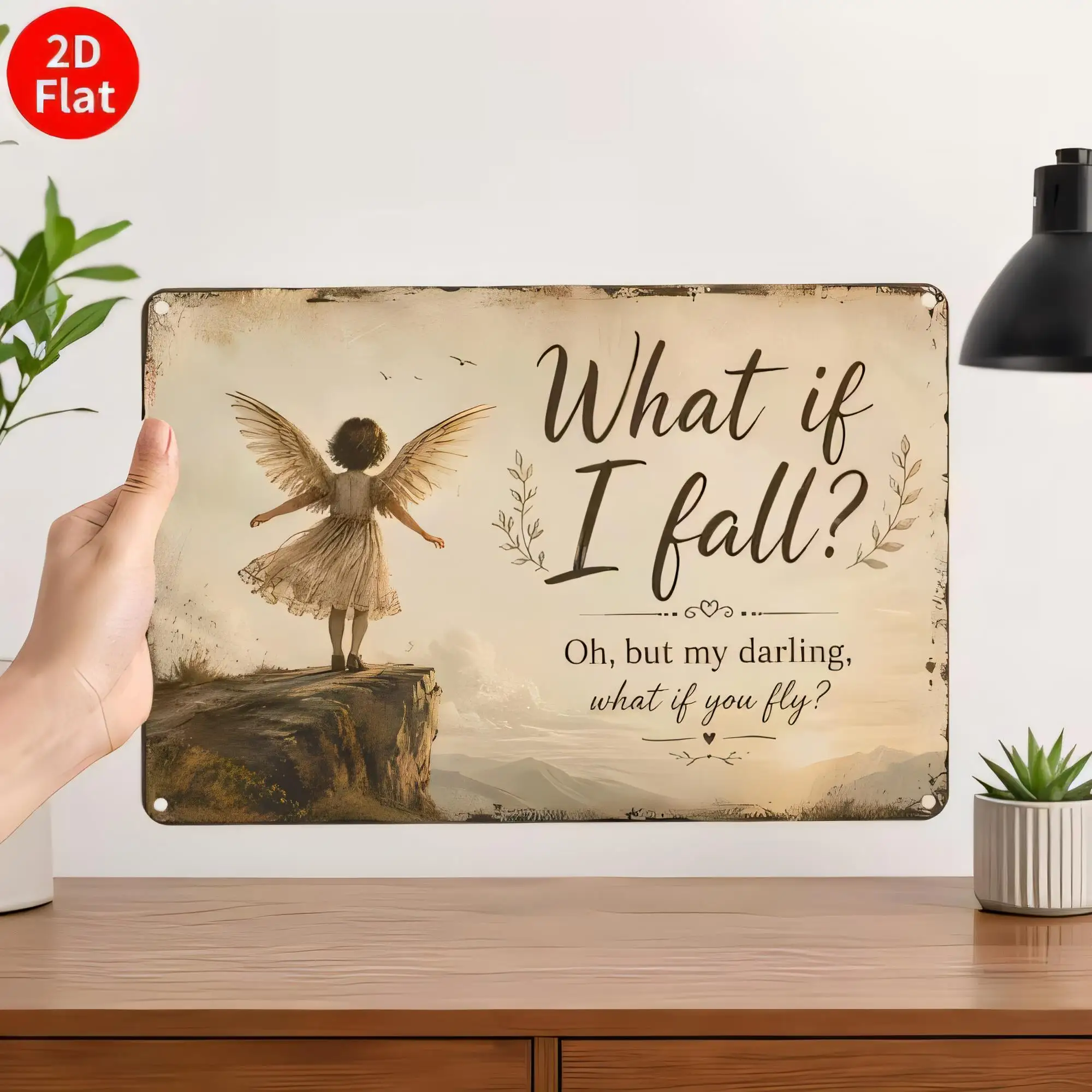 What If I Fall Tin Sign Angel Wings Vintage Rustic Metal Poster Wall Decor for Home Bedroom Living Room Farmhouse Quote Plaque