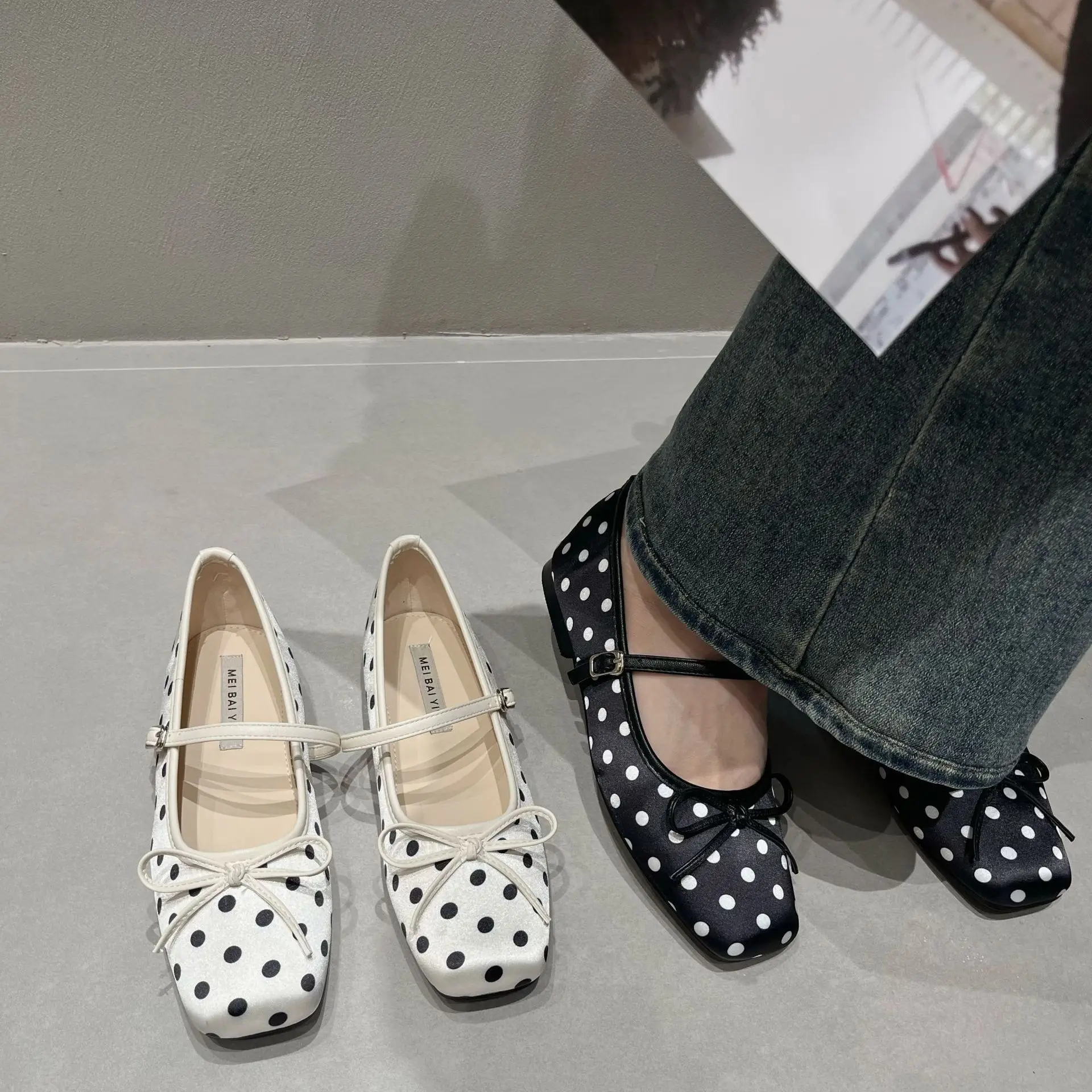 Bow Polka Dot Mary Jane Shoes Home Slipper Woman Platform Cloud Summer House Elegant Flat Female Commute Dress Vintage Daily