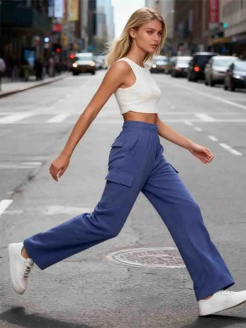 Cargo Pants Womens Elastic Autumn Nylon Corduroy Wide-Legged Highstreet Distressed British-Style Lined Plaid Streetwear Youthful