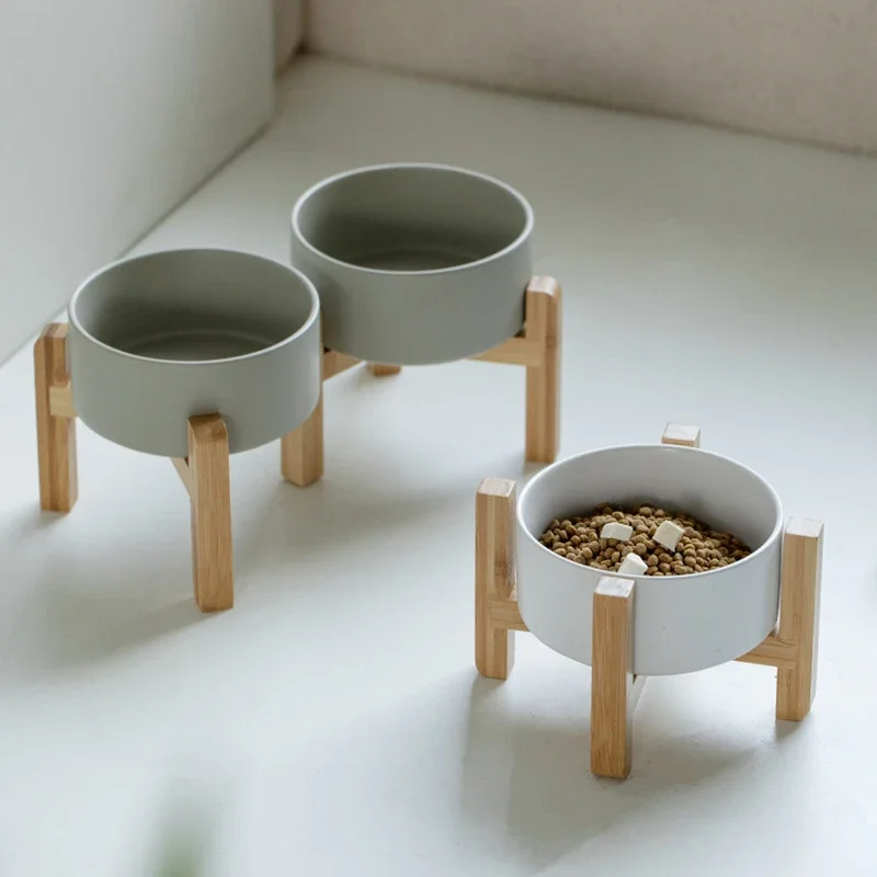Medium Big Dogs Bowl Pet Ceramic Food Water Double Bowls with Wooden Stand Cat Elevated Drinking Eating Bowl 1200ml 1800ml - view 6