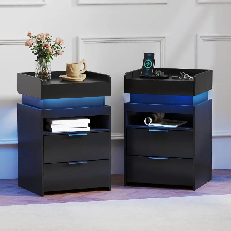 

Nightstand Set Of 2 Night Stand With Gun Drawer Charging Station LED Light Widen Modern Nightstands Bedside Table With 2 Draw