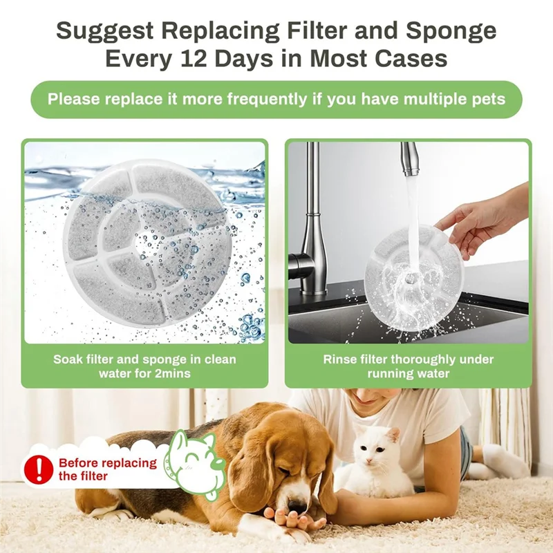 KYCOR-Replacement Cat Water Fountain Filters For 2.5Gal/9.5L Dog Water Fountain Activated Pet Fountain Filters And Sponges 6+6