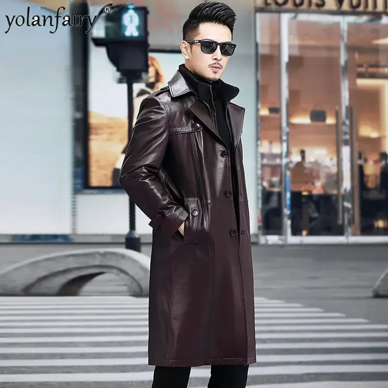 High-end New Genuine Leather Men's Suit Collar Cowhide Overcoat Knee Length Casual Plush Eco-leather Trench Coat Chaquetas FCY