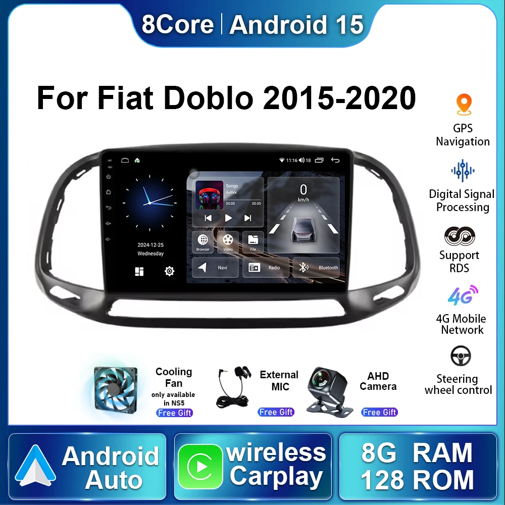 8G + 128G Android 15 Auto Carplay Car Radio For Fiat Doblo 2015 2016 - 2020 GPS Navigation Multimedia Video Player Stereo Wirele