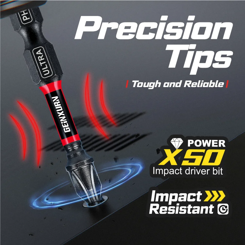 Geinxurn 13PCS Impact Phillipes/Square/Slotted Screwdriver Bits Set, 2'' Magnetic S2 Steel Bits Set with Color Coded Base