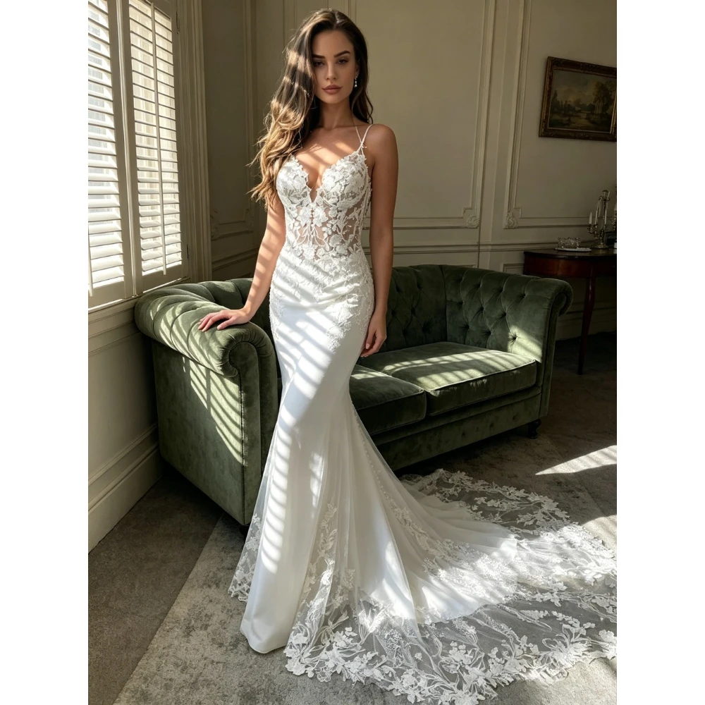 Customized Gorgeous and Sexy Lace Mermaid Wedding Dresses V-neck Cuff Free Shoulder Strap Stickers Bridal Gown Decoration Pearl