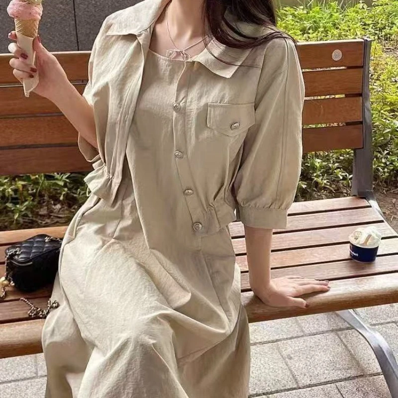 REALEFT Spring Summer 2 Pieces Women's Outfit Sets Half Sleeve Single Breated Short Outwear and Tank Dress Suits Female 2025 New