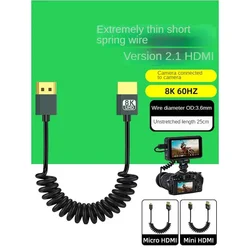 8K Portable Lightweight UHD Cable Mini-HD Micro-HD Stretch Spring Curl Flexible HD2.1 Cord for PC Tablet Camera Monitor HDTV