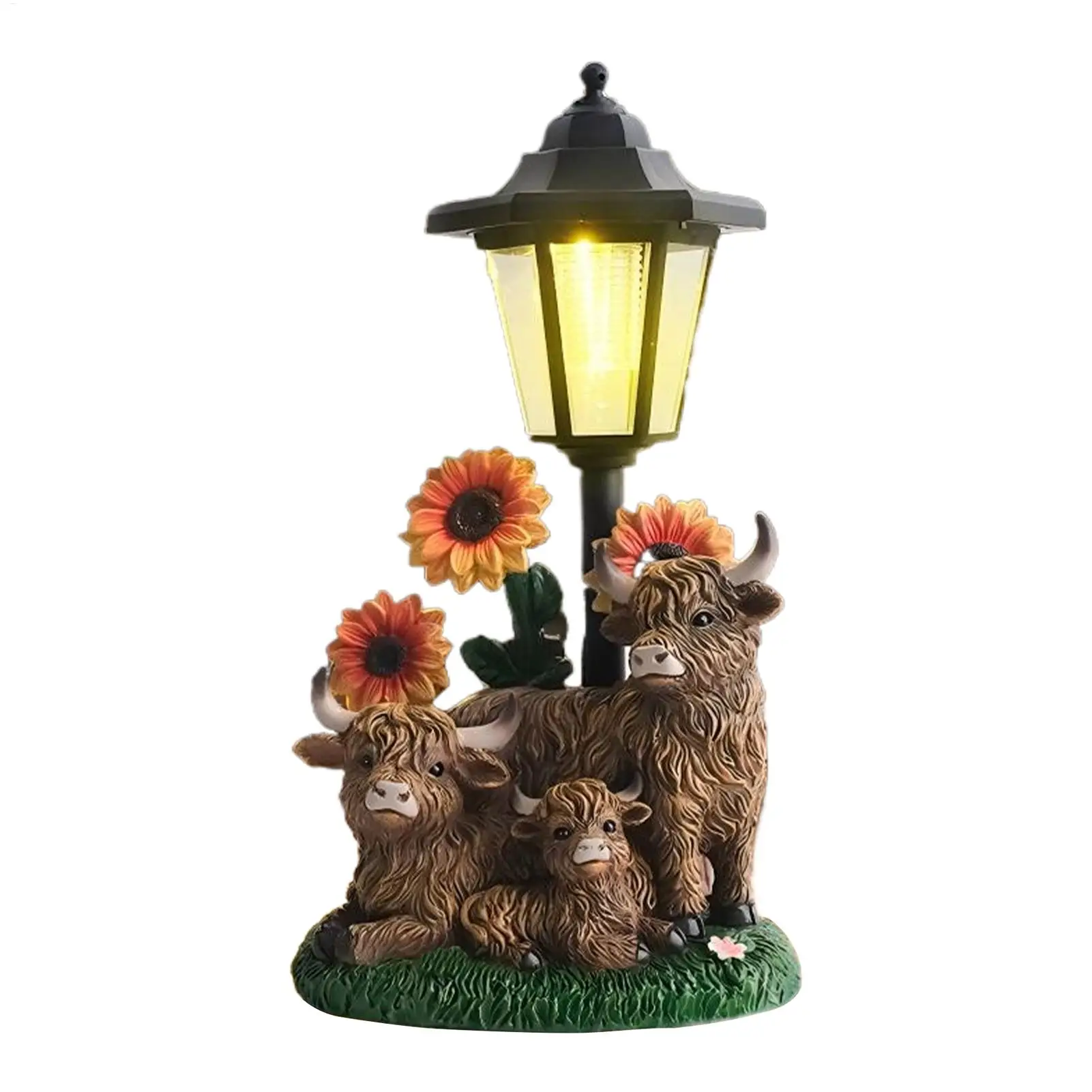 Highland Cow Solar Garden Statue Resin Cow Sculpture Warm Light Solar Lamp Sunflower Farmhouse Decor for Lawn Yard Patio Porch