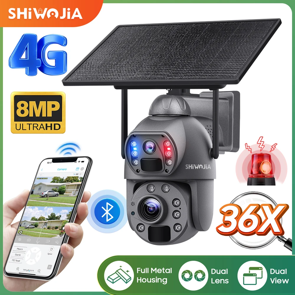 SHIWOJIA 4K 8MP 36X Zoom Dual Lens Outdoor 4G Solar Camera Dual Screen PIR Detection Auto Tracking 20000mA Battery Security Cam