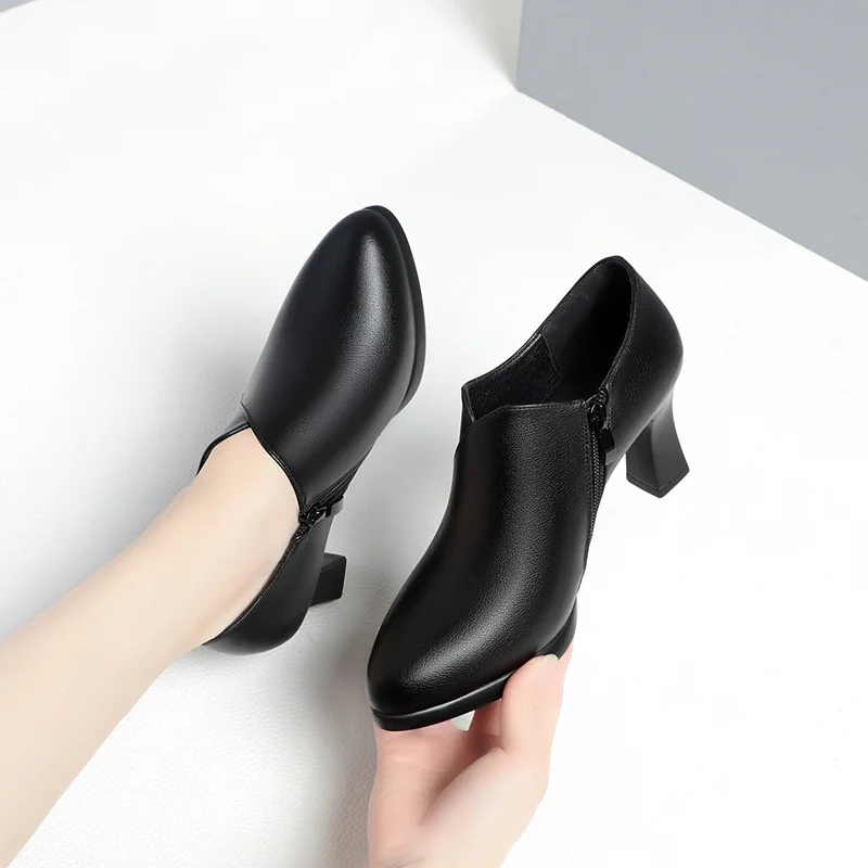 Spring Autumn Fashion Block Heel Deep Mouth Woman Pumps Soft Leather Shoes High Heels Solid Office Party Shoes