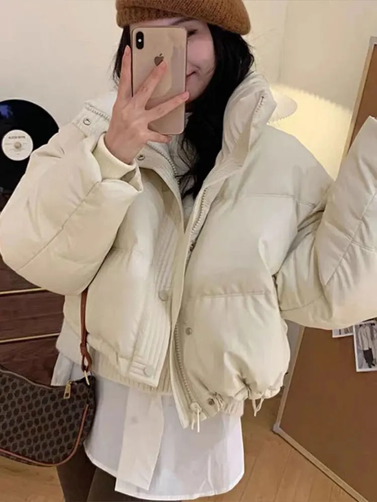 Women's ort PU Leather Cotton Jaet Bread Sle Coat Korean Version Loose Fit Winter Warm Thiened Zipper Closure Pure Color