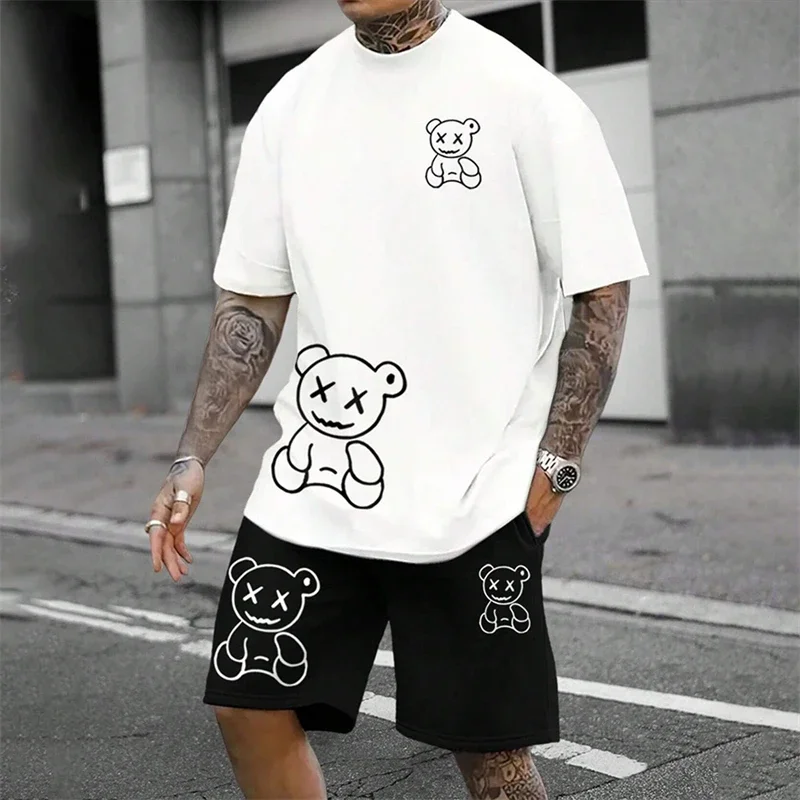 Fun Bear Harajuku T-Shirt Men's Summer Loose Daily Couple Suit Outdoor Street Short Sleeve Shorts Two Piece Men Summer Suit - view 2