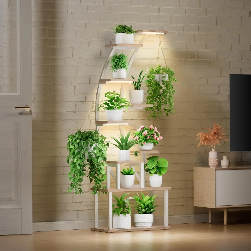 Plant Stand Indoor With Grow Lights Shelf 9 Tiered Metal Plant Shelf Stand for Flowers Patio (White) Display Outdoor Furniture