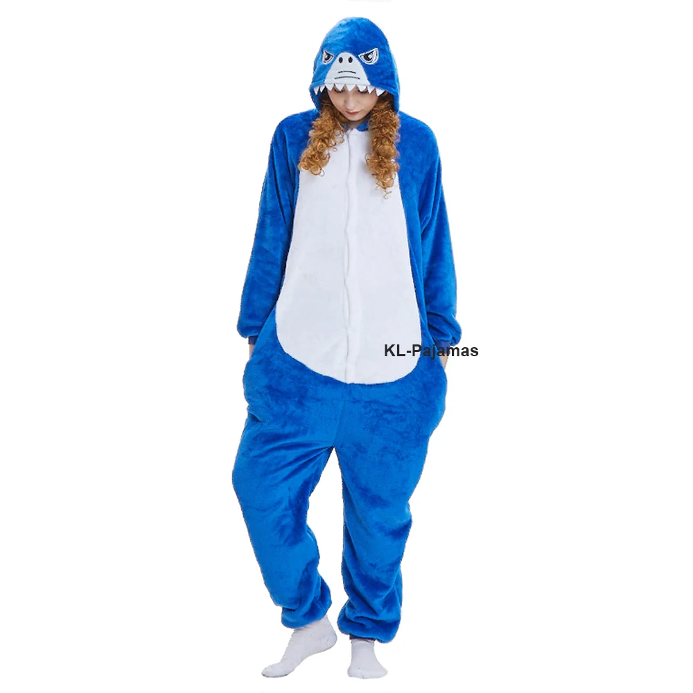 Adults And Kids Shark Pajamas Cosplay Costume Shark One Piece Animal Pyjama Homewear Winter Soft Flannel Sleepwear For Women Men