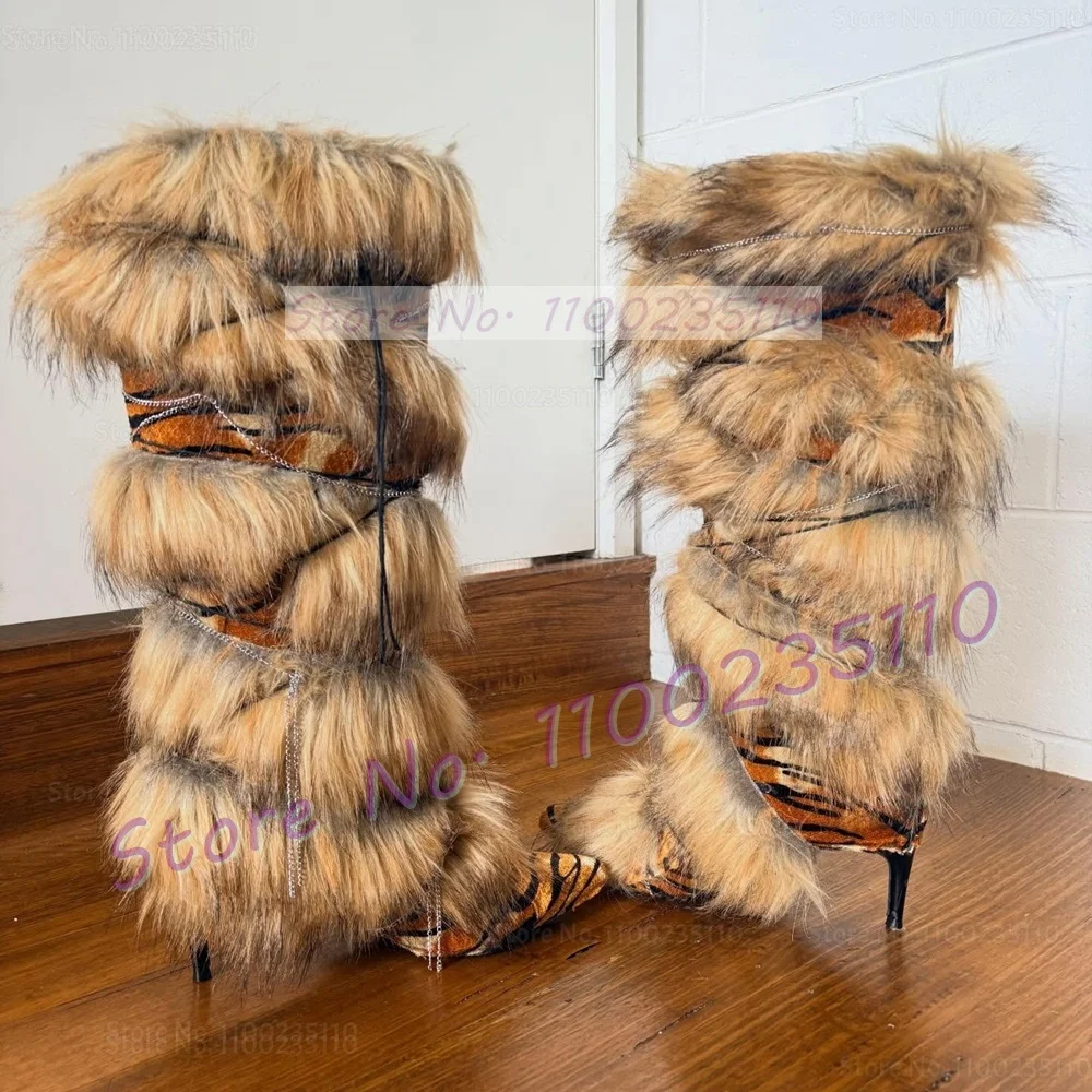 Brown Leopard Fur Wrap Knee High Boots Women Retro Cross Tied Patchwork Boots Trendy Pointed Toe Mixed Colors Stiletto Boots