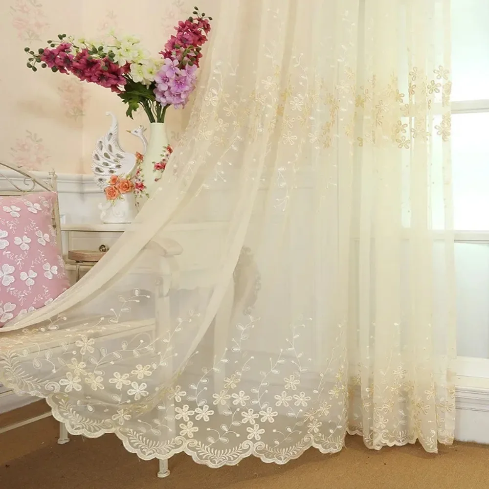 European Pastoral Embroidered Flower Curtains for Living Dining Room Bedroom White Gauze Bay Window Korean Window Screen Balcony