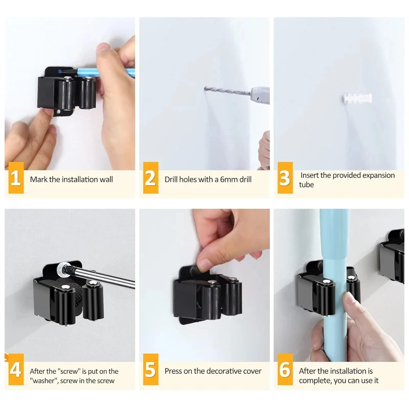Self-Adhesive Mop Holder Clips, Stainless Steel Broom Hanger Hook, Waterproof Rack with Screw for Kitchen Bathroom Organizer - view 5