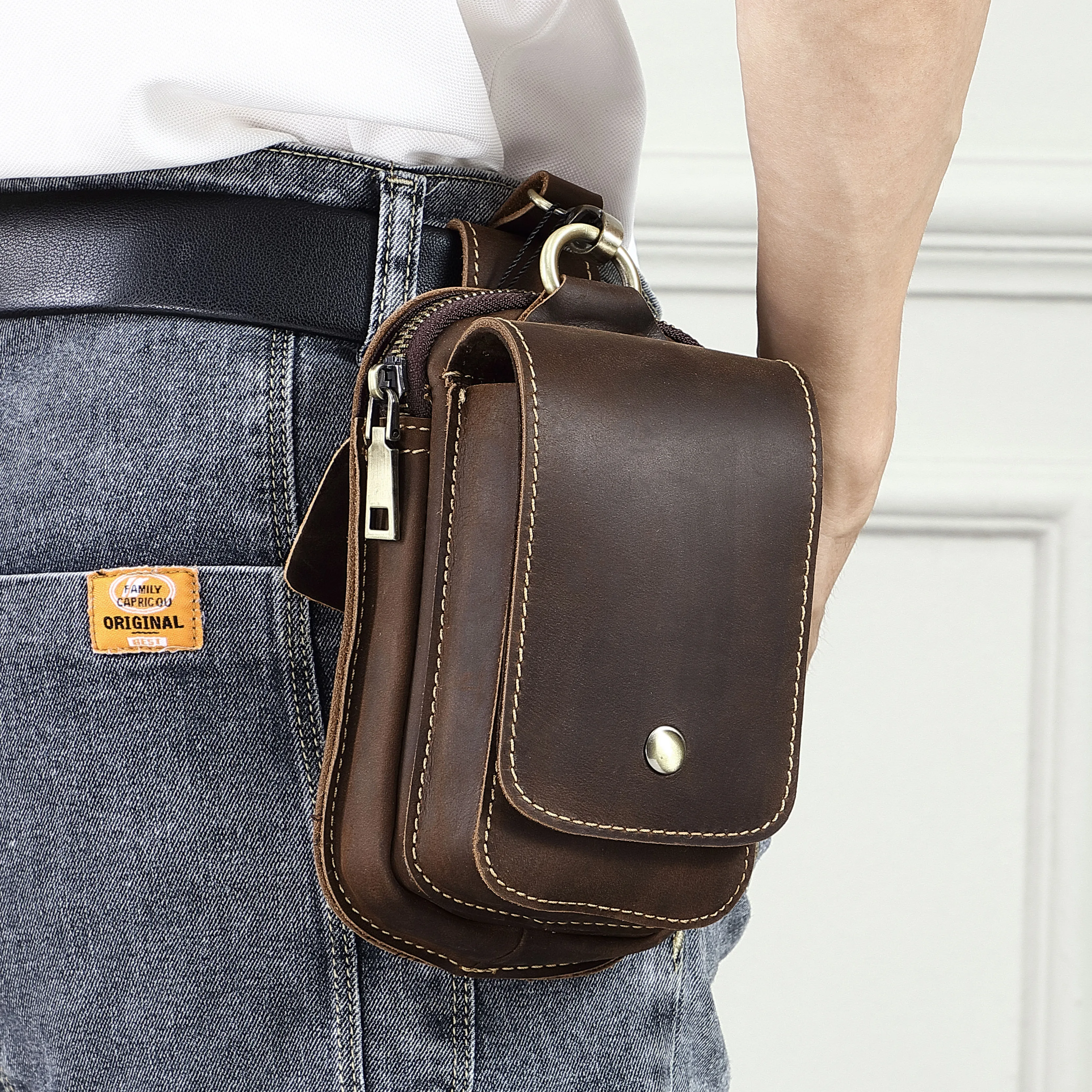 AIGUONIU Real Leather Retro Hook Design Cellphone Small Waist Pouch Waist Belt Bag Mens Running Waist Bag Fanny Pack