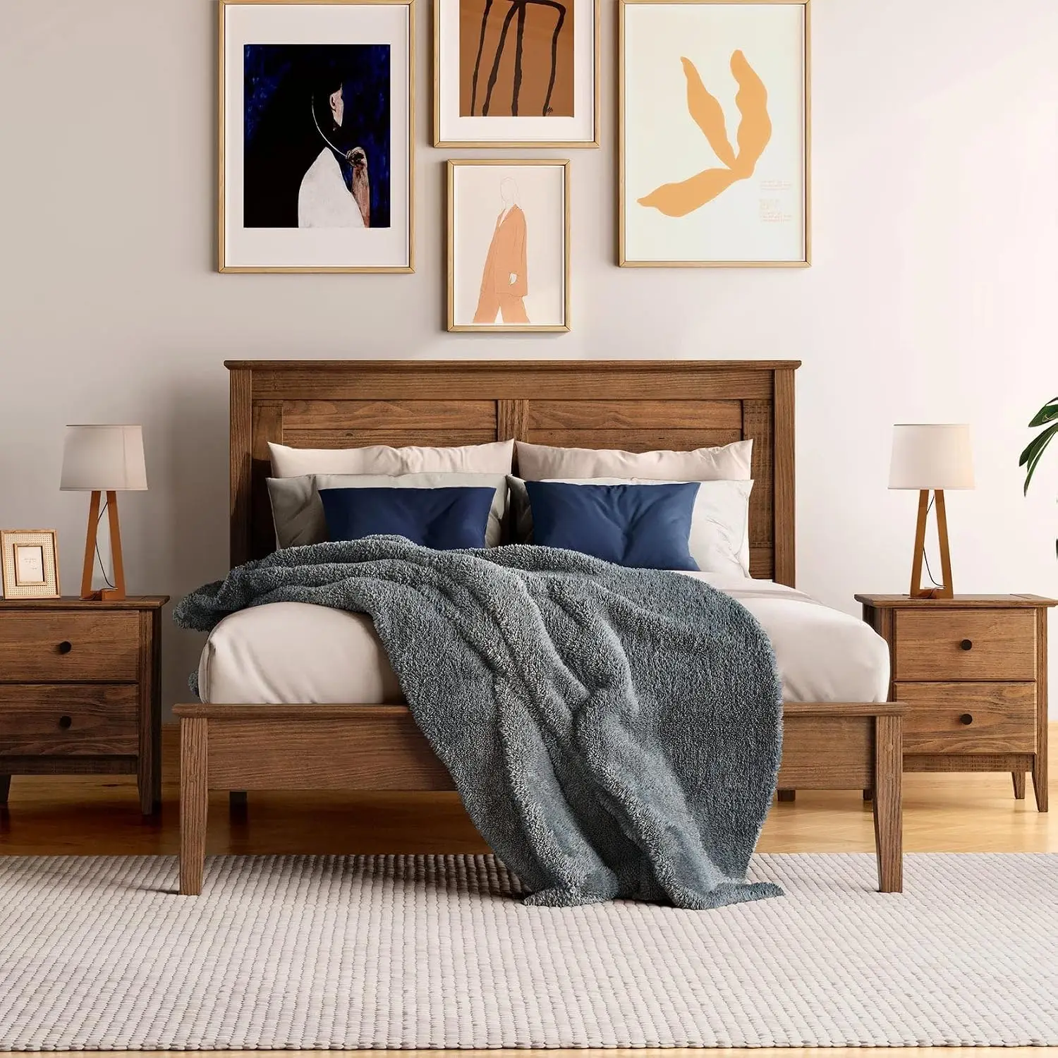 Solid Wood Platform Bed Queen Size Brushed Walnut Finish No Box Spring Needed Bedroom Furniture, Customized