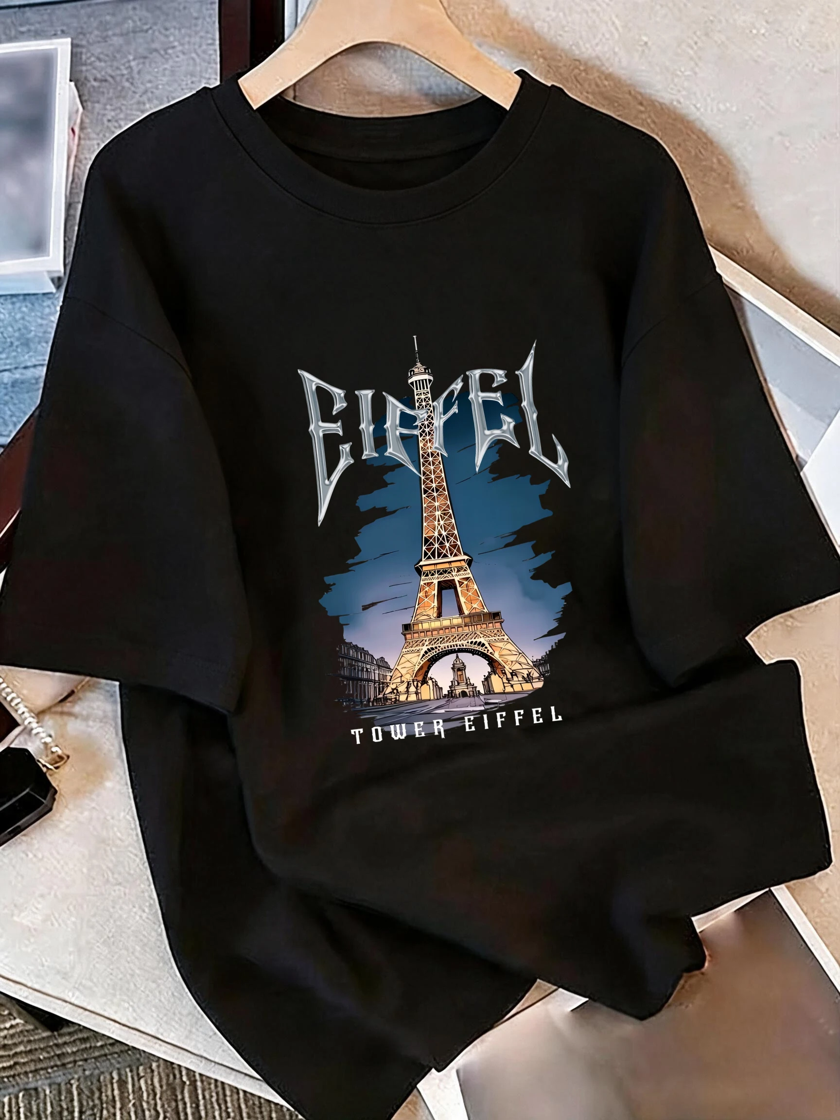 Paris City Scenery Print Retro Style T Shirt Women's Short Sleeve Crew Neck T-shirt Casual Graphic Tops Clothes Female Outfit