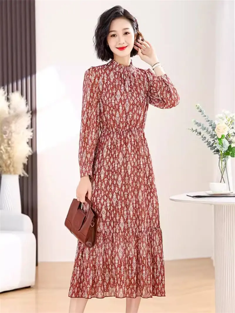 

Elegant Party Dresses 2024 Spring New French Retro Print Temperament Chiffon Slim Long Sleeve Slim Midi Dress For Women K098