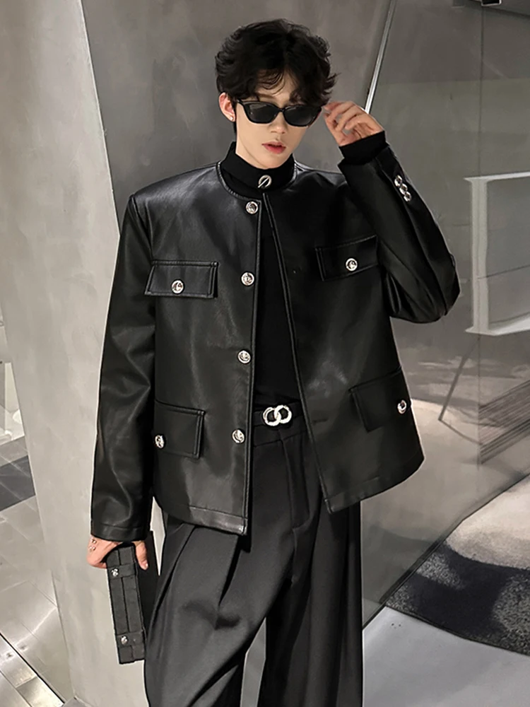 

Cleanfit ort oulder Pad Leather Jaet Men's Sle Autumn High Faion Cool Luxury Motorcycle Coat No Collar Youth Trendy