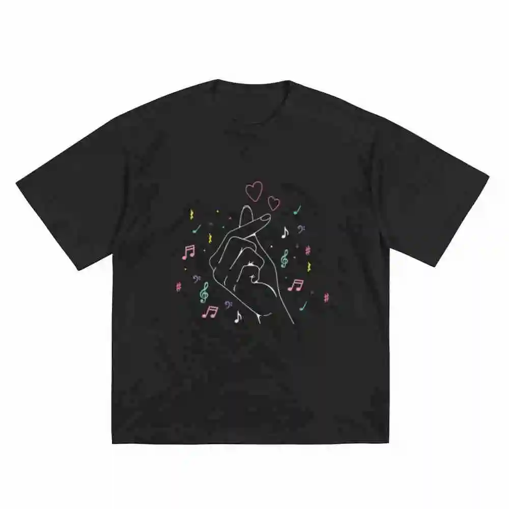 K Hand Gesture Heart Shape Korean Music Note Pattern Short Sleeve Tee 100% Cotton T-Shirt