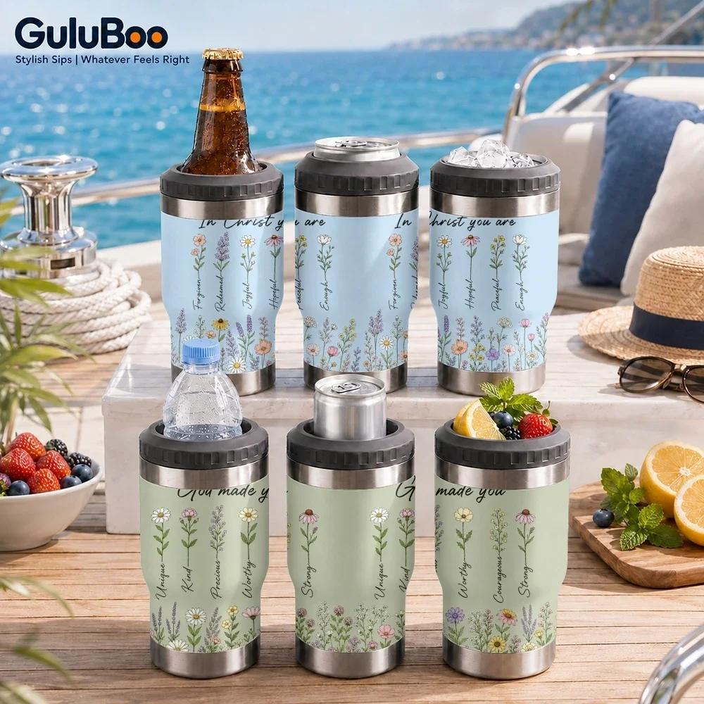 Gods Floral Affirmations Gobelet isotherme 4-en-1 pour canettes |   Convient pour la bière, les sodas, le café |   Porte-boissons isotherme chaud et froid
