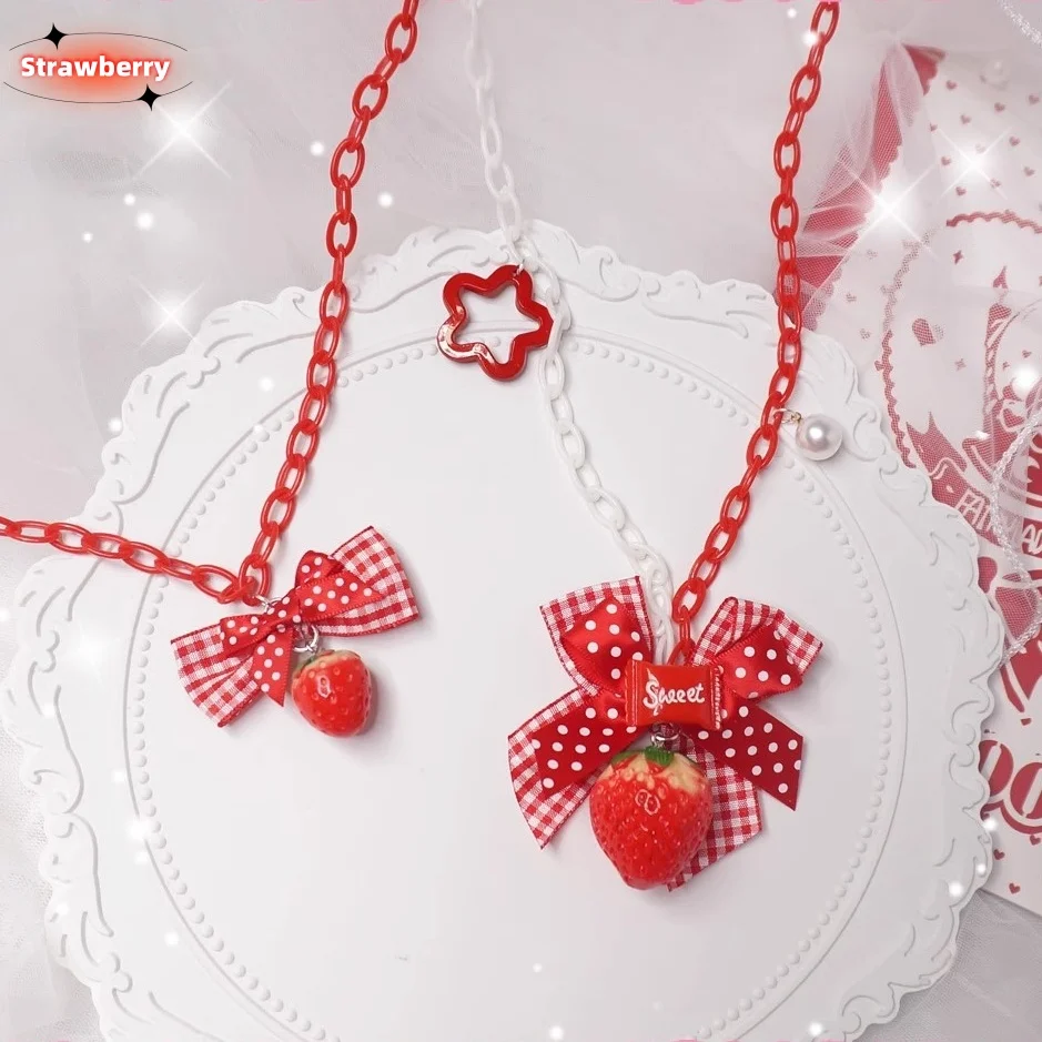 New  Japanese Handmade Original Harajuku Sweet Lolita Bow Strawberry Necklace Cute Girl Long Sweater Chain Accessories Gift