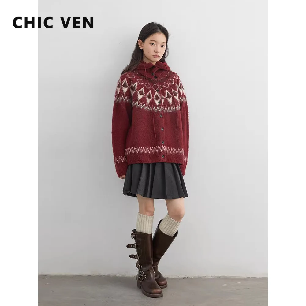 

CHIC VEN Korean Women Cardigans with Hats Atmosphere Loose O-neck Jacquard Knitted Sweaters Fashion Clothes Autumn Winter 2026