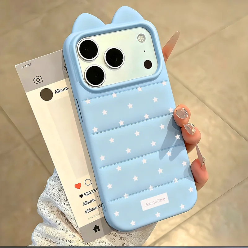 Coque de téléphone souple coréenne INS White Star pour iPhone 17 16 15 Pro Max 16 15 14 Plus 11 12 13 Pro Max avec protection d'objectif en forme d'oreilles de chat
