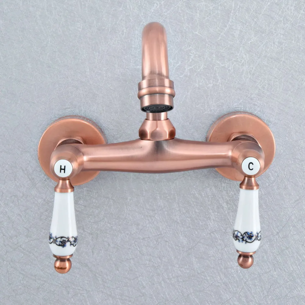 

Антикварный настенный смеситель для раковины из красной меди, для ванной комнаты, с функцией горячей и холодной воды, поворотный излив на 360 градусов, для кухни