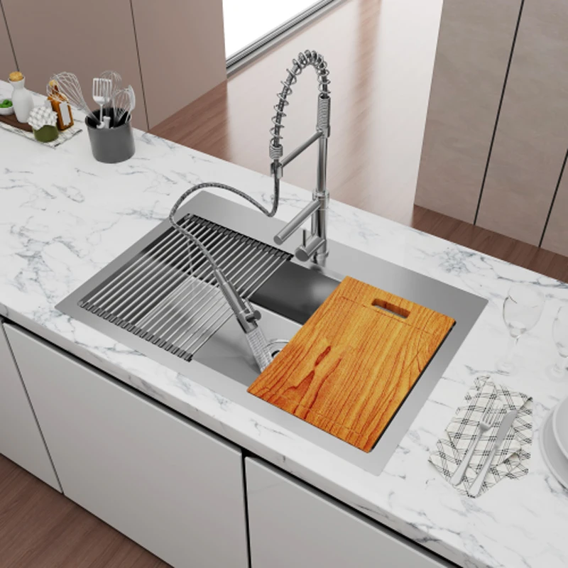 

Stainless Steel Kitchen Sink Undermount Sink Drop-in Sink with Faucet Single Bowl Silver Multifunctional Wash Basin