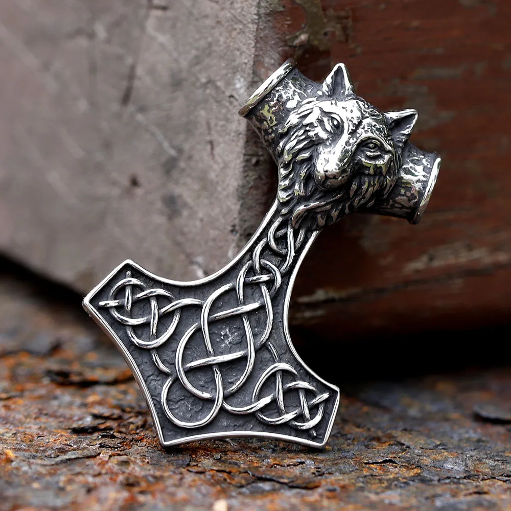 2024 Thor\'s Hammer Mjolnir Scandinavian Rune Amulet Design Stainless Steel Men\'s Pendant Viking Wolf Pendant Animal Jewelry