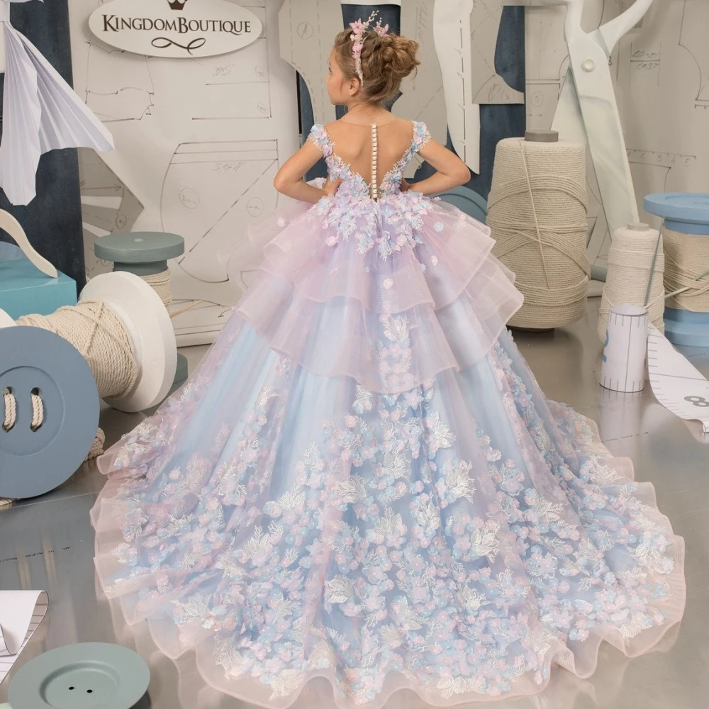 Lorencia rosa blau Blumen mädchen Kleid für Hochzeit Prinzessin Blumen applikationen abgestufte Kinder heilige Geburtstags feier Festzug Kleid yfd021