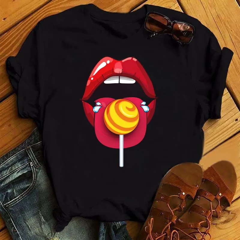 Sexy Colorful Diamonds Lip Print Women T Shirt Short Sleeve O Neck Loose Women Tshirt Ladies Tee Shirt Tops Camisetas Mujer