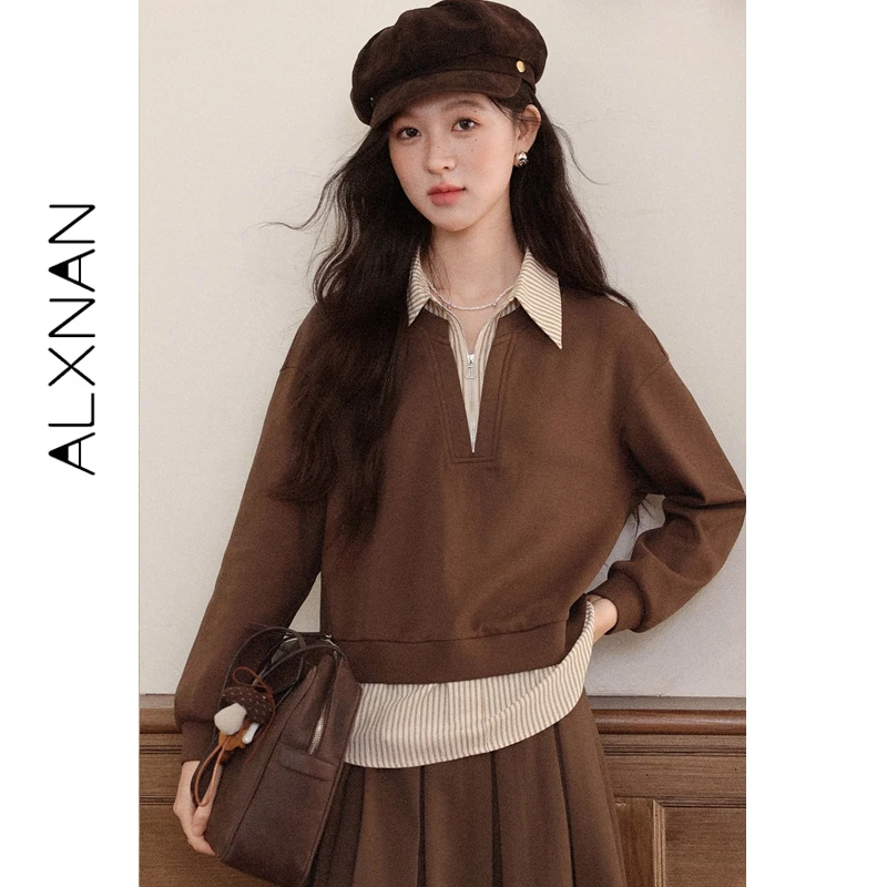 

ALXNAN Brown Fake Two-piece Sweatshirts with Striped Patchwork Zipper Shirt Collar Casual Loose-fit Women's Clothing L57869
