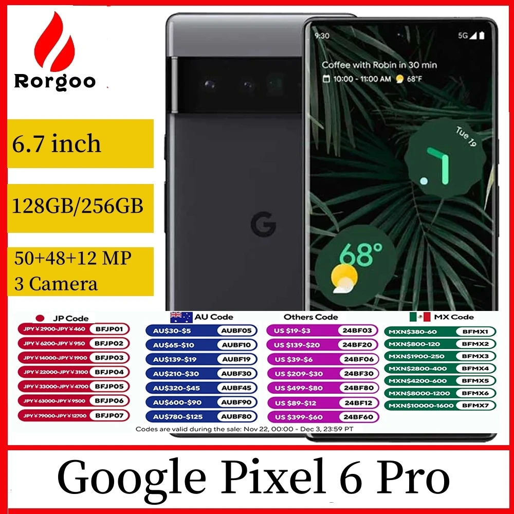 Google Pixel 6 Pro 5G Original Unlocked Mobile Phone 6.71'' 12GB RAM 128GB 256GB 512GB ROM NFC Octa Core Andriod SmartPhone