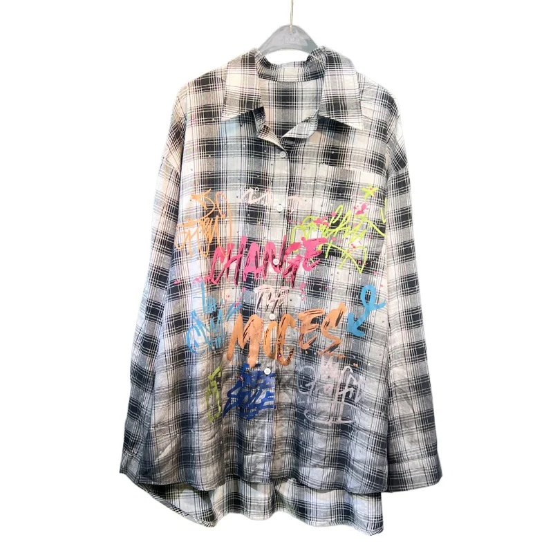 Stand Collar Plaid Rhinestone Long-Sleeved Shirt for Women Summer Fashion Loose Mid-Length Letter Printed Single-Breasted Top