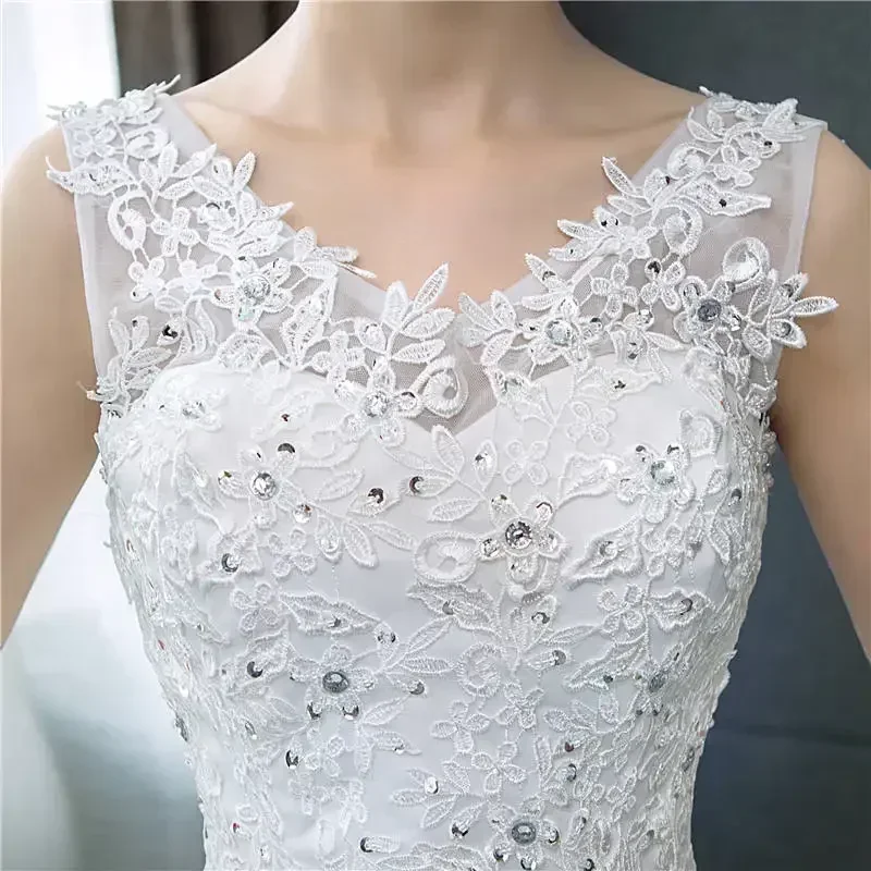 Customized Wedding Dress Pure White V-neck Appliques Sleeveless Princess Floor Length Plus size Wedding Gowns De Novia HS288 image 4