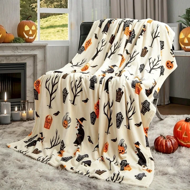 Halloween Flannel Throw Blanket Pumpkin Ghost Bat Print Soft Warm Cozy Bed Sofa Couch Cover Autumn Fall Air‑conditioning Blanket