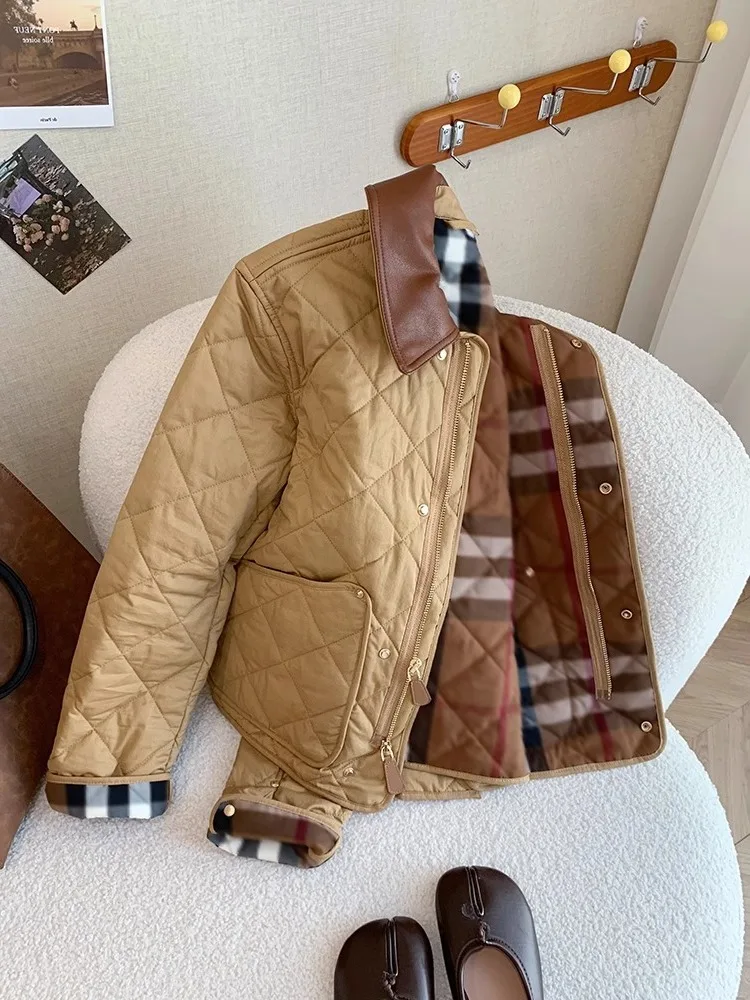 

Faionable Contrast Color Collar Cotton Jaet Men Women Autumn Winter Vintage Small ence Collar Button up Coat