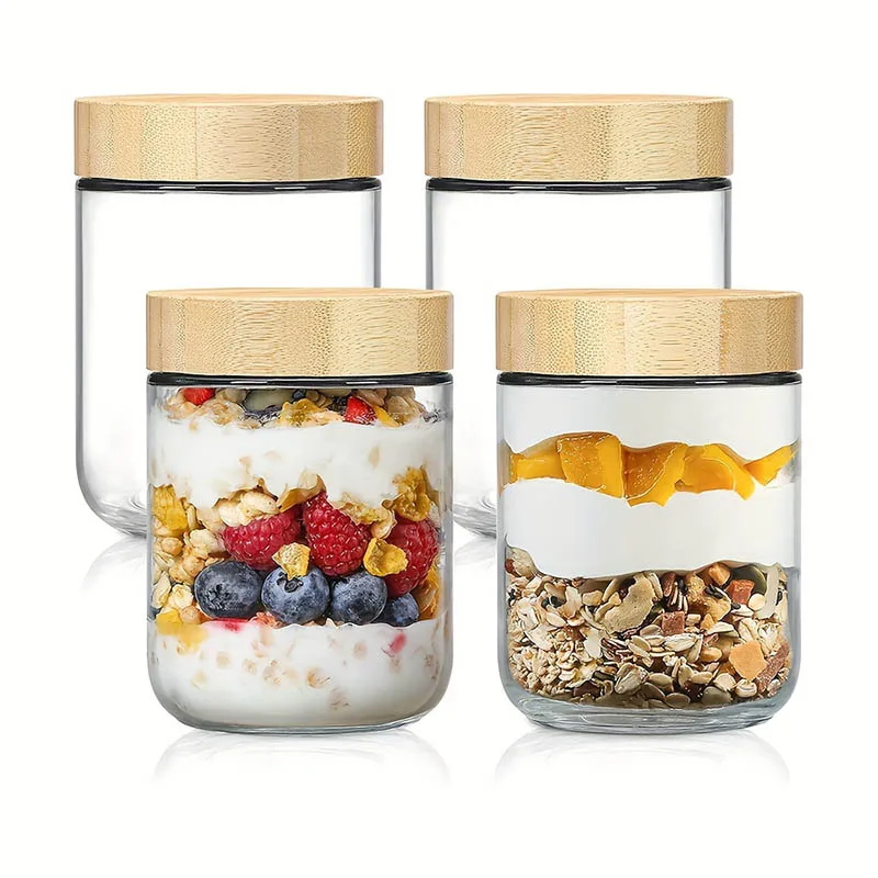 4 Pcs 16oz Glass Jars With Airtight Lid Glass Snack Storage Salad Jars Yogurt Sugar Sealed Food Container Dispenser Set