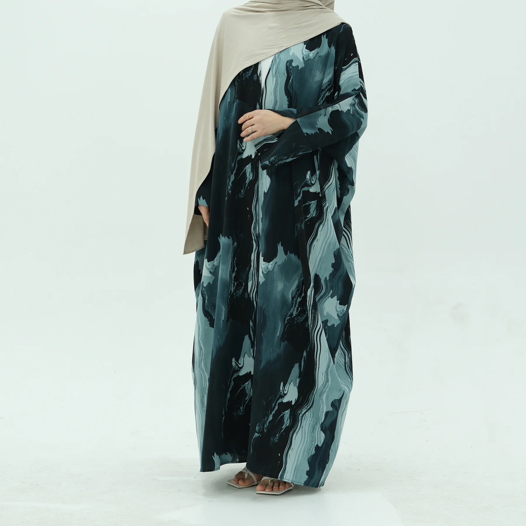 

Ramadan Eid Tie-dye Print Batwing Open Abaya Kimono Damen Muslim Abayas for Women Dubai Kaftan Islamic Clothes Kebaya Robe Femme