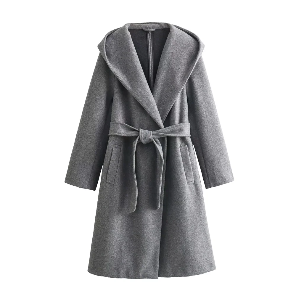 2024 Autumn/Winter New Product Women's Clothing Western Style Long Sleeve Strap Up Hooded Soft Coat Coat