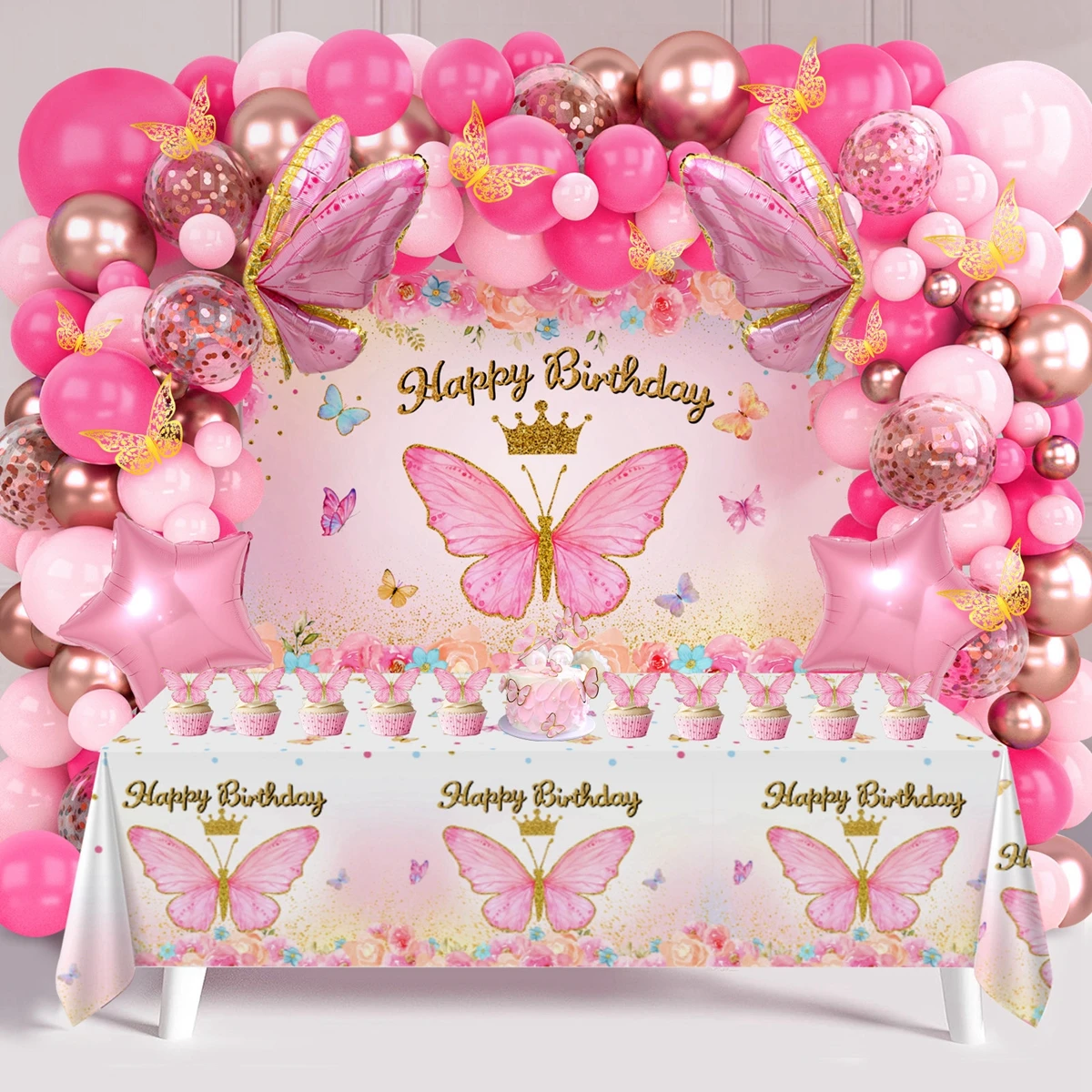 Pink Purple Butterfly Birthday Party Decoration Backdrop Tablecloth Balloons Baby Shower Kids Girls Birthday Party Supplies