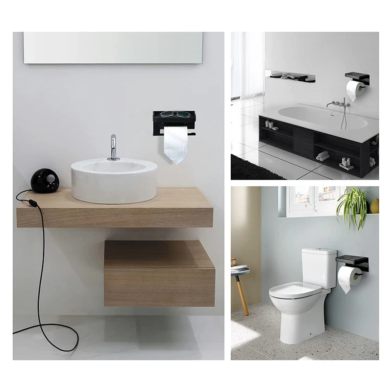 ساخن! حامل لفة ورق مرحاض ذاتي اللصق مع رف ، حامل مناديل أسود مثبت على الحائط ، رف هاتف للحمام