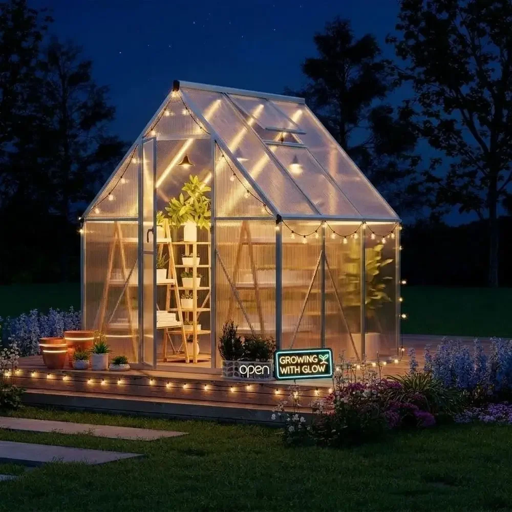 6x4m Durable Polyethylene Outdoor Greenhouse Kit with Reinforced Frame, Adjustable Roof Vent, Lockable Door, and Easy Assembly f